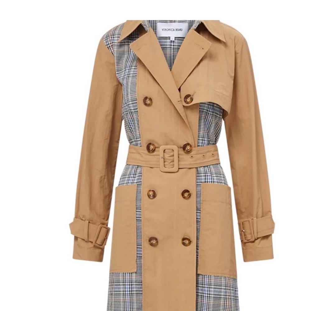 Veronica Beard Tan Trench Coat with Plaid Panels